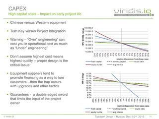 19© Viridis.iQ
CAPEX
High capital costs – Impact on early project life
 Chinese versus Western equipment
 Turn Key versus Project Integration
 Warning – “Over” engineering” can
cost you in operational cost as much
as “Under” engineering”
 Don’t assume highest cost means
highest quality – proper design is the
critical issue
 Equipment suppliers tend to
promote financing as a way to lure
customers…then the trap occurs
with upgrades and other tactics
 Guarantees - a double edged sword
that limits the input of the project
owner
Taadeen Oman – Muscat, Dec 1-3rd, 2015
 