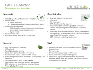 20© Viridis.iQ
Malaysia
• Import duty, sales, and excise tax exemptions
• Pioneer Status
• 5 year tax holiday
• Losses can be carried forward past holiday period
• Investment Tax Allowance
• 60% of qualifying capital expenses counted as an
allowance to reduce taxable income
• 5 year period
• Favorable land rates
• Favorable energy rates ($0.40 - $0.08/kwH)
Saudi Arabia
• Low cost energy (~$0.020/kwH)
• Free land
• No income tax
• 51% Saudi ownership required
• Interest free SIDF loans for up to 50% of the fixed
assets, pre-operating expenses and start-up working
capital.
• Loans are provided for a maximum term of 15 years with
the repayment schedule designed to match the projected
cash flow of the borrowing projects.
• 25% minimum equity for project owner
Iceland
• Duty free imports for materials
• VAT deferral
• Partial depreciation allowed
• Direct Cash grants allowed in some cases
• Favorable land leases – below market prices
• Fixed ceiling on the rate of income tax for 10 years (i.e.2%
reduction)
• Security clauses in terms of new taxation
• Stamp duties and municipal property tax reduced
• 50% reduction on general social security charges
• Training budget from state
UAE
• Industrial free zone (no import taxes or duties)
• Industrial port
• No income tax
• Discounted energy price (~$0.040/kwH)
• Discounted water price (~$0.003/gallon)
• Provision of high-quality infrastructure and services
including power, water and sewage, gas, waste disposal
and telecommunications.
CAPEX Reduction
Enticements and Incentives
Taadeen Oman – Muscat, Dec 1-3rd, 2015
 