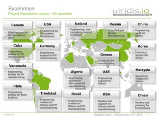 4© Viridis.iQ
UAE
 Engineering
support for
Silicon
Malaysia
 Operations
Support for
Silicon
Russia
 Solar Cell and
Module
Manufacturing
Canada
 PEA/Engineering
for Ferrosilicon
plant
Iceland
 Engineering, and
operations support
for Silicon
Oman
 Studies and
planning for
Ferrochrome
KSA
 Studies and
support for
Silicon and PV
manufacturing
Chile
 Engineering
studies for Solar
Systems
Brasil
 Engineering
studies for
Silicon and PV
manufacturing
Venezuela
 Engineering
studies for PV
manufacturing
Cuba
 Engineering
studies for PV
manufacturing
USA
 Engineering for
PV systems
installations
Algeria
 Engineering
studies for
Silicon and PV
manufacturing
Trindidad
 Engineering
studies for
Silicon and PV
manufacturing
Korea
 Technical
Support for
Silicon
China
 Engineering
audit for
Silicon
Greece
 Studies for PV
manufacturing
Experience
Project Experience across ~ 20 countries
Germany
 Engineering
support for PV
manufacturing
Taadeen Oman – Muscat, Dec 1-3rd, 2015
 