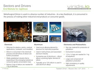 5© Viridis.iQ
Chemicals
 Silicones for plastics, paints, medical
applications, cookware, and insulation
 Silicon is consumed in the chemical
process and derivitives of silicon are
further processed
 Wells established industry that is
expanding in the emerging markets as
consumer goods consumption rises
 Approx 2 kgs of silicon are needed for
1 kg of silicones
Aluminium
 Used as an alloying element to
alumium for improved properties
 Used in both primary and secondard
alumium industry
 Increasing use of alumimum – silicon
alloys is pushing higher demand of
silicon
 Typically up to 12% silicon is used in
cast aluminum alloys
.
Electronics and Photovoltaics
 Key raw material for production of
polysilicon
 Consumed in process
 1.2 to 1.4 kgs are needed for 1 kg
of polysilicon
 Large cost componant of
polysilicon production
 High consistancy in quality
requirements
Sectors and Drivers
End Markets for mgSilicon
Metallurgical Silicon is used in a diverse number of industries. As a key feedstock, it is consumed in
the process of making other industrial end products or consumer goods.
Taadeen Oman – Muscat, Dec 1-3rd, 2015
 