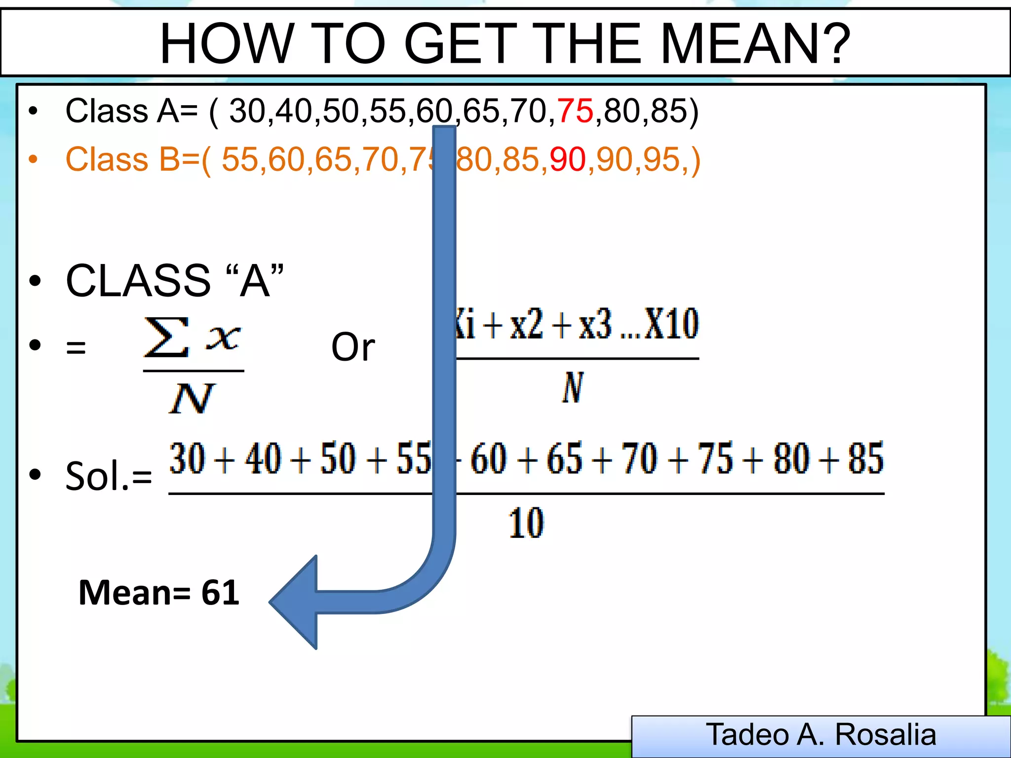 HOW TO GET THE MEAN?
• Class A= ( 30,40,50,55,60,65,70,75,80,85)
• Class B=( 55,60,65,70,75,80,85,90,90,95,)
• CLASS “A”
• = Or
• Sol.=
Mean= 61
Tadeo A. Rosalia
 