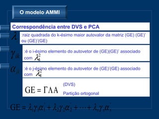 O modelo AMMI

Correspondência entre DVS e PCA
       :raiz quadrada do k-ésimo maior autovalor da matriz (GE) (GE)’
       ou (GE)’(GE)


γ ik    :é o i-ésimo elemento do autovetor de (GE)(GE)’ associado
        com kλ  2


        :é o j-ésimo elemento do autovetor de (GE)’(GE) associado
        com   λ  2
                 k

                           (DVS)
        GE = ΓΛΑ           Partição ortogonal


GE = λ γ α + λ γ α +  + λ γ α
                '
            1 1 1
                            '
                        2 2 2
                                                '
                                            s s s
 