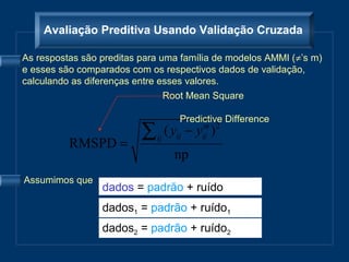 Avaliação Preditiva Usando Validação Cruzada

As respostas são preditas para uma família de modelos AMMI (≠’s m)
e esses são comparados com os respectivos dados de validação,
calculando as diferenças entre esses valores.
                                Root Mean Square

                                   Predictive Difference

          RMSPD =
                          ∑ ij ( yij − yij ) 2
                                        m


                                  np
Assumimos que
                 dados = padrão + ruído
                 dados1 = padrão + ruído1
                 dados2 = padrão + ruído2
 