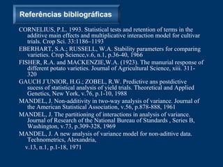 Referências bibliográficas
CORNELIUS, P.L. 1993. Statistical tests and retention of terms in the
   additive main effects and multiplicative interaction model for cultivar
   trials. Crop Sci. 33:1186–1193
EBERHART, S.A.; RUSSELL, W.A. Stability parameters for comparing
   varieties. Crop Science,v.6, n.1, p.36-40, 1966
FISHER, R.A. and MACKENZIE,W.A. (1923). The manurial response of
   different potato varieties. Journal of Agricultural Science, xiii. 311-
   320
GAUCH J´UNIOR, H.G.; ZOBEL, R.W. Predictive ans postdictive
   sucess of statistical analysis of yield trials. Theoretical and Applied
   Genetics, New York, v.76, p.1-10, 1988
MANDEL, J. Non-additivity in two-way analysis of variance. Journal of
   the American Statistical Association, v.56, p.878-888, 1961
MANDEL, J. The partitioning of interactions in analysis of variance.
   Journal of Research of the National Bureau of Standards , Series B,
   Washington, v.73, p.309-328, 1969
MANDEL, J. A new analysis of variance model for non-adittive data.
   Technometrics, Alexandria,
  v.13, n.1, p.1-18, 1971
 