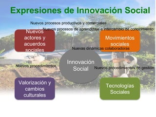 Expresiones de Innovación Social
Innovación
Social
Nuevos
actores y
acuerdos
sociales
Movimientos
sociales
Valorización y
cambios
culturales
Tecnologías
Sociales
Nuevos procedimientos
Nuevos procesos productivos y comerciales
Nuevos procedimientos de gestión
Nuevos procesos de aprendizaje e intercambio de conocimiento
Nuevas dinámicas colaboradoras
 