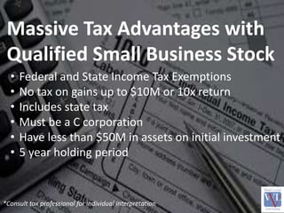 • Federal and State Income Tax Exemptions
• No tax on gains up to $10M or 10x return
• Includes state tax
• Must be a C co...