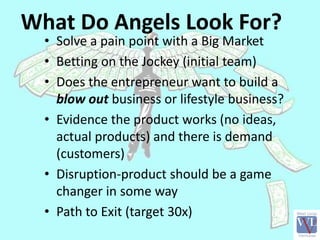 What Do Angels Look For?
• Solve a pain point with a Big Market
• Betting on the Jockey (initial team)
• Does the entrepre...