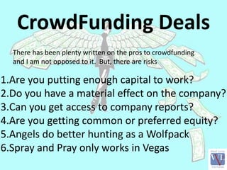 CrowdFunding Deals
1.Are you putting enough capital to work?
2.Do you have a material effect on the company?
3.Can you get...