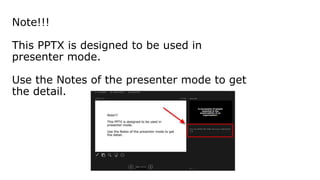 Note!!!
This PPTX is designed to be used in
presenter mode.
Use the Notes of the presenter mode to get
the detail.
 