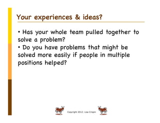 Your experiences & ideas?

•  Has your whole team pulled together to
solve a problem?
•  Do you have problems that might be
solved more easily if people in multiple
positions helped?




                Copyright 2012: Lisa Crispin
 