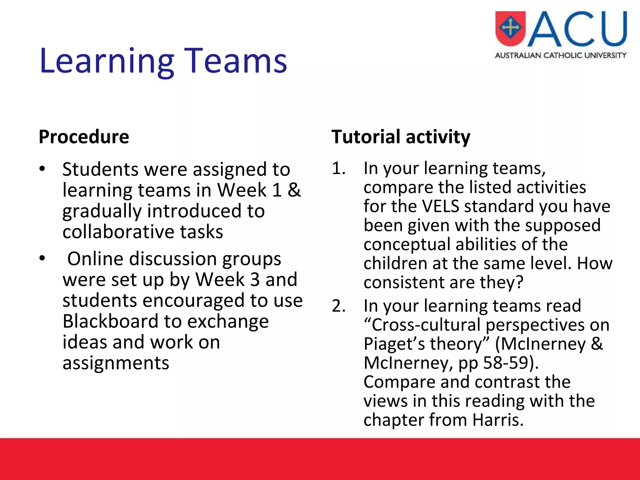 Learning Teams Procedure Students were assigned to learning teams in Week 1 &  gradually introduced to collaborative tasks Online discussion groups were set up by Week 3 and students encouraged to use Blackboard to exchange ideas and work on assignments Tutorial activity In your learning teams, compare the listed activities for the VELS standard you have been given with the supposed conceptual abilities of the children at the same level. How consistent are they?  In your learning teams read “Cross-cultural perspectives on Piaget’s theory” (McInerney & McInerney, pp 58-59). Compare and contrast the views in this reading with the chapter from Harris.  