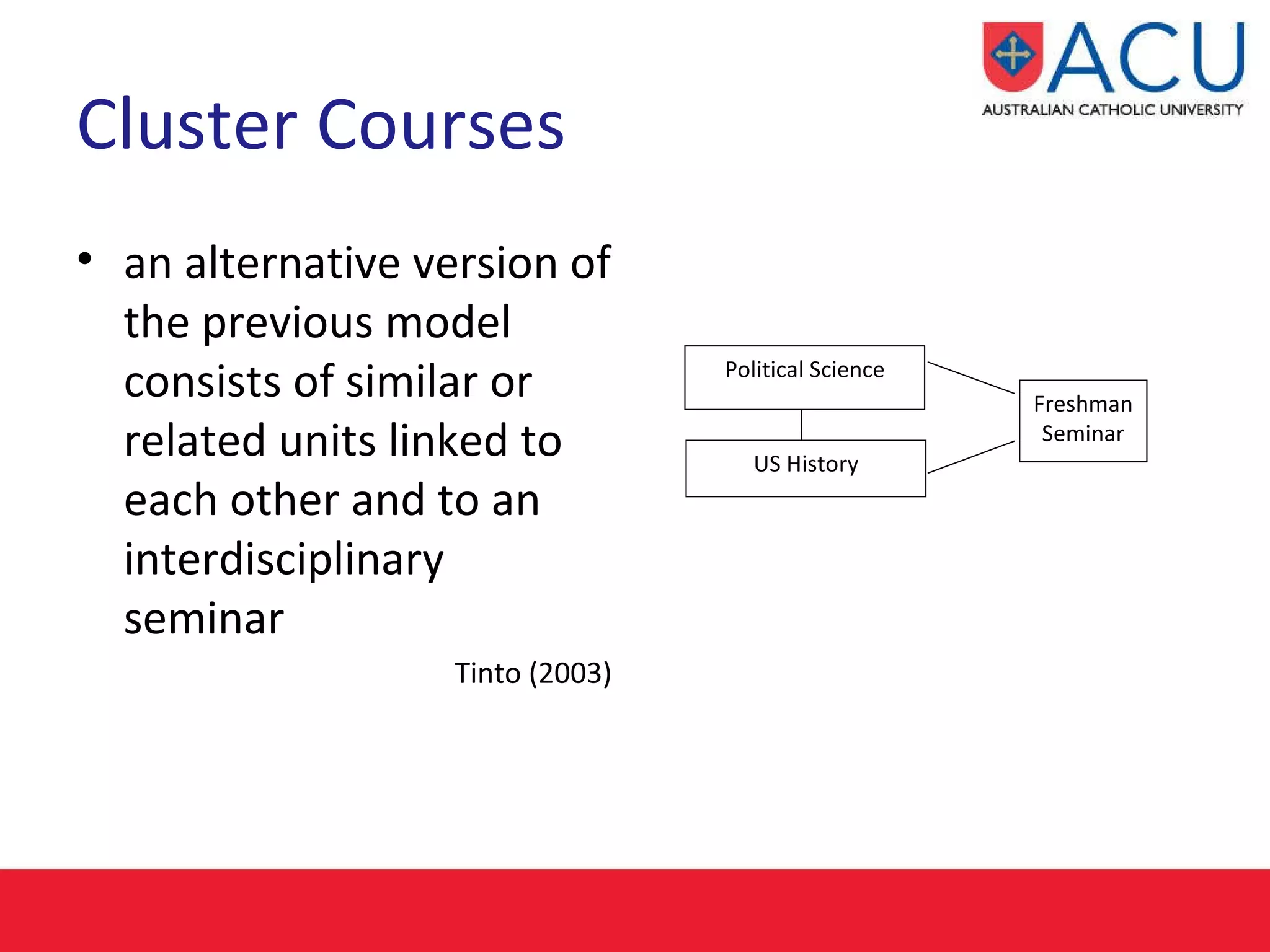 Cluster Courses an alternative version of the previous model consists of similar or related units linked to each other and to an interdisciplinary seminar   Tinto (2003) Political Science US History Freshman Seminar 