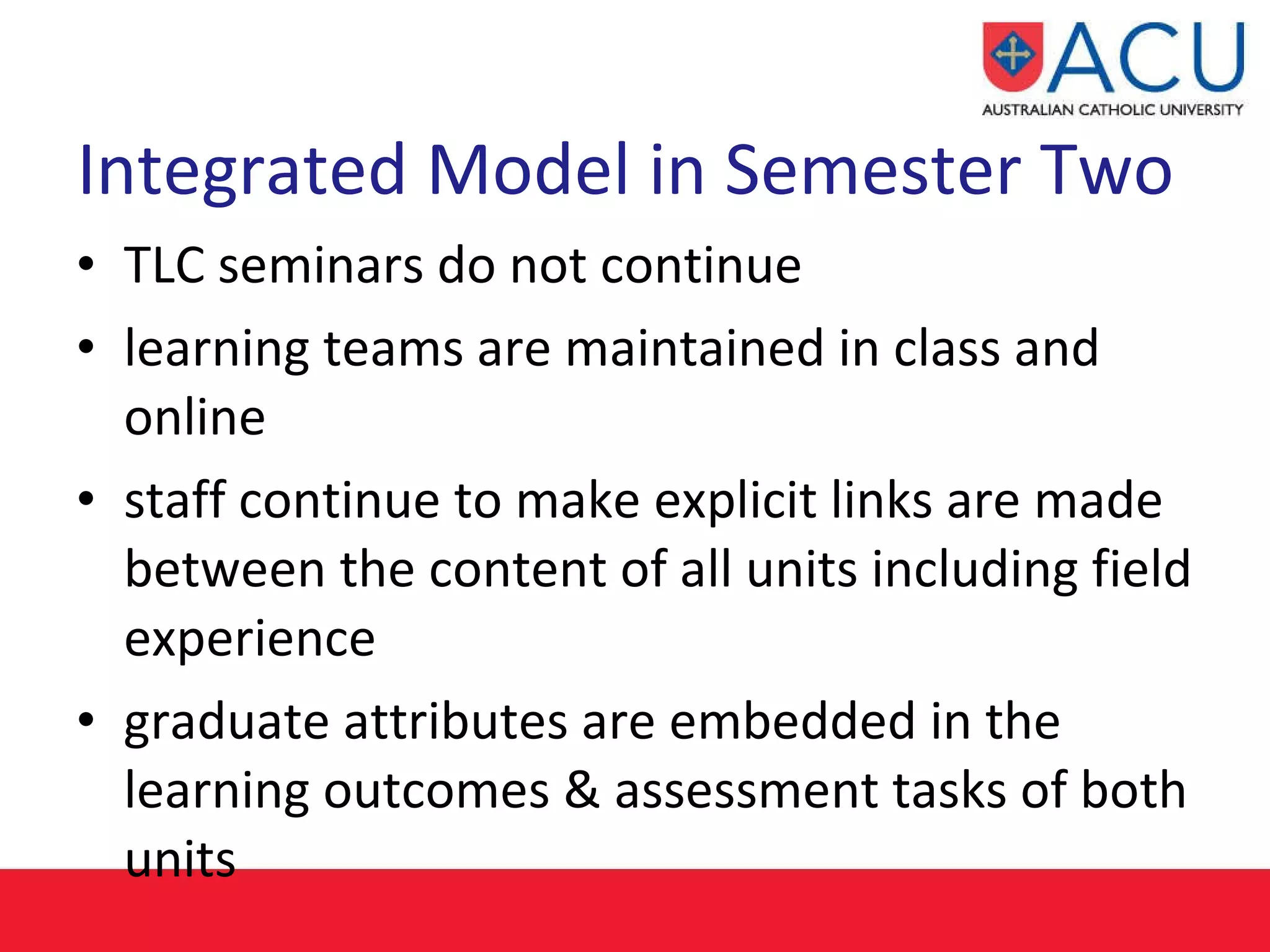 Integrated Model in Semester Two   TLC seminars do not continue learning teams are maintained in class and online staff continue to make explicit links are made between the content of all units including field experience graduate attributes are embedded in the learning outcomes & assessment tasks of both units 