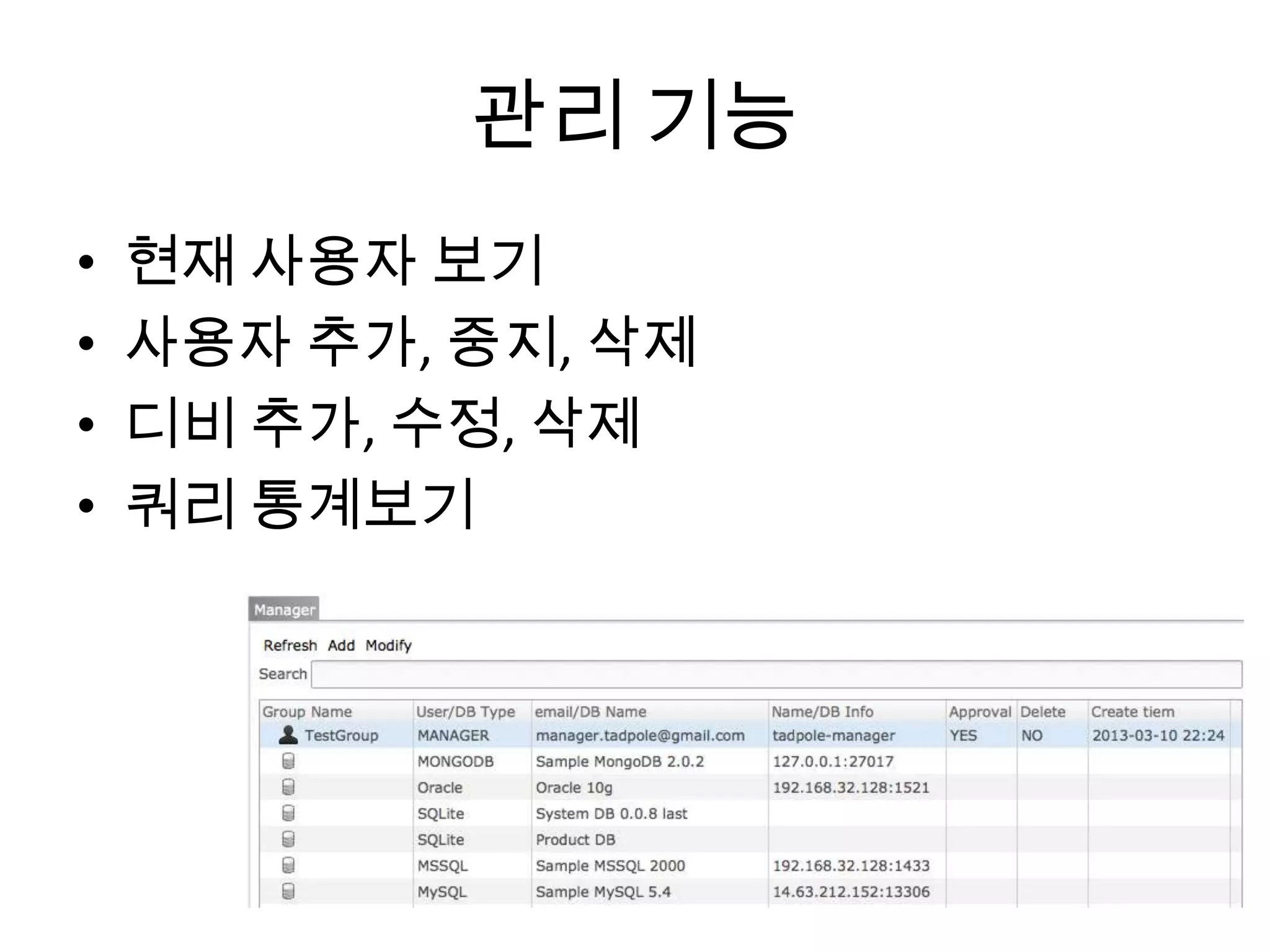 Editor공유 쿼리
• 공유 쿼리를 정의합니다.
– 쿼리의 실행 한계 : 개인, 그룹
• 그룹쿼리는 생성자 만 수정, 삭제가능(그룹원은
읽기전용)
– 항목은
• 일자, 리소스타입, 이름, 설명, 타입(개인, 공유), 쿼리
• 특정 시간에 동작하는 쿼리 수행(X)
• 이 기능은 다시 재정의(의견 수렴)
 