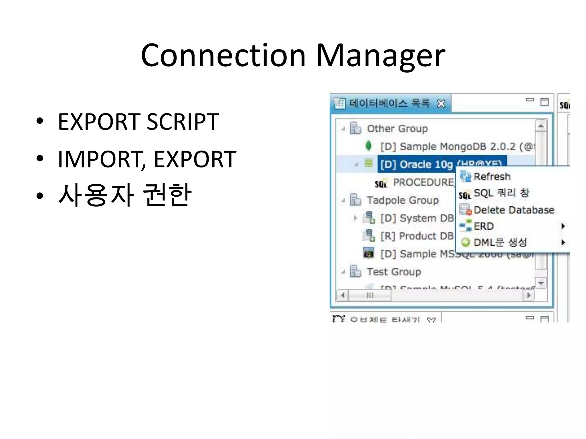데이터 암호
• 해킹 사고가 많아지면서 DB의 데이터 자체를 암호
화하여 저장하는 추세
• 올챙이에 암호화 모듈을 추가 할 수 있는 컨셉
– 인터페이스를 제공하고, 사용자는 사용자 암/복호화
할수 있는 class를 추가
– 올챙이는 특정 모듈이 추가되어 있으면 해당 기능을
확장하여 데이터를 조작
 