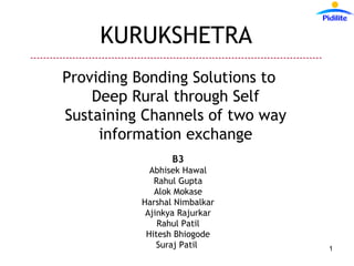 ------------------------------------------------------------------------------------------
1
Providing Bonding Solutions to
Deep Rural through Self
Sustaining Channels of two way
information exchange
KURUKSHETRA
B3
Abhisek Hawal
Rahul Gupta
Alok Mokase
Harshal Nimbalkar
Ajinkya Rajurkar
Rahul Patil
Hitesh Bhiogode
Suraj Patil
 