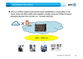 OiC(Office in the Cloud)
OiC is a HTML5 based novel service which establishes a virtual office in the
cloud, where all office staffs work together virtually using any HTML5 browser
equipped devices from remote (i.e., nomadic working).
Cloud

NGN（+Wifi)/LTE

Copyright©2013 NTT CORPORATION

23

 