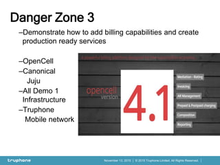 © 2015 Truphone Limited. All Rights Reserved.November 13, 2015
–Demonstrate how to add billing capabilities and create
production ready services
–OpenCell
–Canonical
Juju
–All Demo 1
Infrastructure
–Truphone
Mobile network
Danger Zone 3
 