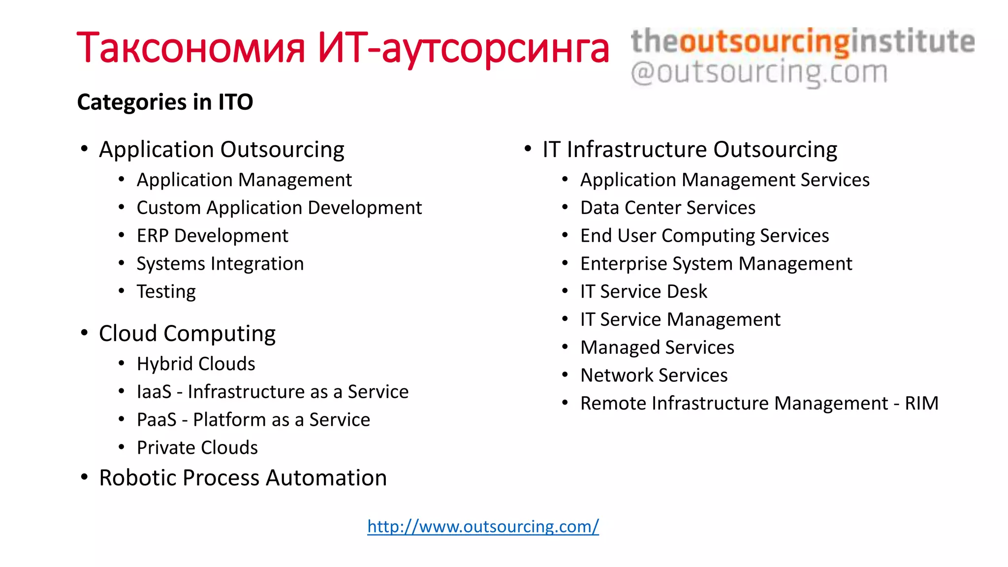 Таксономия ИТ-аутсорсинга
• Application Outsourcing
• Application Management
• Custom Application Development
• ERP Development
• Systems Integration
• Testing
http://www.outsourcing.com/
Categories in ITO
• IT Infrastructure Outsourcing
• Application Management Services
• Data Center Services
• End User Computing Services
• Enterprise System Management
• IT Service Desk
• IT Service Management
• Managed Services
• Network Services
• Remote Infrastructure Management - RIM
• Cloud Computing
• Hybrid Clouds
• IaaS - Infrastructure as a Service
• PaaS - Platform as a Service
• Private Clouds
• Robotic Process Automation
 