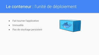 Le conteneur : l’unité de déploiement
● Fait tourner l’application
● Immuable
● Pas de stockage persistent
 