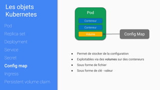 ● Permet de stocker de la conﬁguration
● Exploitables via des volumes sur des conteneurs
● Sous forme de ﬁchier
● Sous forme de clé - valeur
Pod
Conteneur
Conteneur
Volume Conﬁg Map
Les objets
Kubernetes
Pod
Replica set
Deployment
Service
Secret
Conﬁg map
Ingress
Persistent volume claim
 