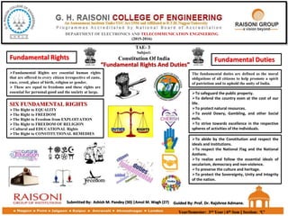 TAE- 3
Subject:
Constitution Of India
“Fundamental Rights And Duties”
Year/Semester: 3rd Year | 6th Sem | Section: ‘C’
Submitted By: Ashish M. Pandey (30) |Amol M. Wagh (27) Guided By: Prof. Dr. Rajshree Admane.
DEPARTMENT OF ELECTRONICS AND TELECOMMUNICATION ENGINEERING
(2015-2016)
Fundamental Rights are essential human rights
that are offered to every citizen irrespective of caste,
race, creed, place of birth, religion or gender.
 These are equal to freedoms and these rights are
essential for personal good and the society at large.
SIX FUNDAMENTAL RIGHTS
The Right to EQUALITY
The Right to FREEDOM
The Right to Freedom from EXPLOITATION
The Right to FREEDOM OF RELIGION
Cultural and EDUCATIONAL Rights
The Right to CONSTITUTIONAL REMEDIES
Fundamental Rights Fundamental Duties
To abide by the Constitution and respect the
ideals and Institutions.
To respect the National Flag and the National
Anthem.
To realize and follow the essential ideals of
secularism, democracy and non-violence.
To preserve the culture and heritage.
To protect the Sovereignty, Unity and Integrity
of the nation.
The fundamental duties are defined as the moral
obligations of all citizens to help promote a spirit
of patriotism and to uphold the unity of India.
To safeguard the public property.
To defend the country even at the cost of our
life.
To protect natural resources.
To avoid Dowry, Gambling, and other Social
evils.
To strive towards excellence in the respective
spheres of activities of the individuals.
 