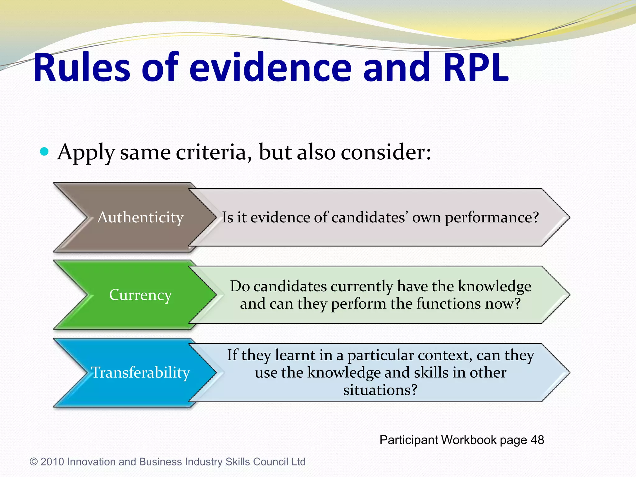 Rules of evidence and RPLApply same criteria, but also consider:© 2010 Innovation and Business Industry Skills Council LtdParticipant Workbook page 48