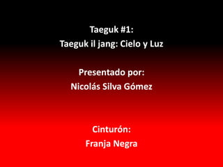 Taeguk #1:
Taeguk il jang: Cielo y Luz

    Presentado por:
  Nicolás Silva Gómez



        Cinturón:
      Franja Negra
 