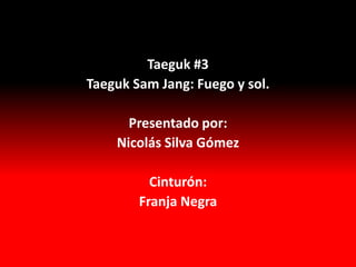 Taeguk #3
Taeguk Sam Jang: Fuego y sol.

      Presentado por:
    Nicolás Silva Gómez

          Cinturón:
        Franja Negra
 