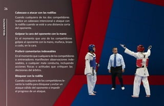 26
             Cabezazo o atacar con las rodillas
             Cuando cualquiera de los dos competidores
reglamento




             realice un cabezazo intencional o ataque con
             la rodilla cuando se esté a una distancia corta
             del oponente.
             Golpear la cara del oponente con la mano
             En el momento que uno de los competidores
             golpee al oponente con la mano, muñeca, brazo
             o codo, en la cara.
             Proferir comentarios indeseables
             En el momento que cualquiera de los competidores
             o entrenadores manifiesten observaciones inde-
             seables, o cualquier mala conducta, incluyendo
             acciones físicas o actitudes que critiquen las
             decisiones del árbitro.
             Bloquear con la rodilla
             Cuando cualquiera de los competidores le-
             vante la rodilla para bloquear y evitar un
             ataque válido del oponente o impedir
             el progreso de un ataque.
 