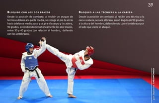 39
b lo q u e o   c o n lo s d o s b r a zo s                    b lo q u e o   a l as técnicas a l a cabez a .

Desde la posición de combate, al recibir un ataque de         Desde la posición de combate, al recibir una técnica a la
técnicas dobles a la parte media, se recoge el pie de atrás   cara o cabeza, se saca el brazo, en un ángulo de 90 grados,
hacia adelante medio paso y se gira el cuerpo y la cadera,    a la altura del hombro, defendiendo con el antebrazo por
90 grados, extendiendo simultáneamente los dos brazos,        el lado que viene el ataque.
entre 30 y 40 grados con relación al hombro, defiendo
con los antebrazos.




                                                                                                                             guía deportiva taekwondo
 