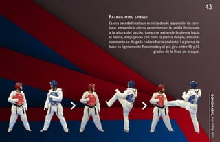 43
pata da   miro chagui

Es una patada lineal que se inicia desde la posición de com-
bate, elevando la pierna posterior con la rodilla flexionada
a la altura del pecho. Luego se extiende la pierna hacia
el frente, empujando con toda la planta del pie, simultá-
neamente se dirige la cadera hacia adelante. La pierna de
base va ligeramente flexionada y el pie gira entre 45 y 55
                              grados de la línea de ataque.




                                                                guía deportiva taekwondo
 