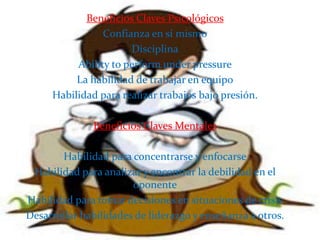 Beneficios Claves Psicológicos
                Confianza en sí mismo
                      Disciplina
          Ability to perform under pressure
          La habilidad de trabajar en equipo
     Habilidad para realizar trabajos bajo presión.

              Beneficios Claves Mentales

       Habilidad para concentrarse y enfocarse
 Habilidad para analizar y encontrar la debilidad en el
                       oponente
Habilidad para tomar decisiones en situaciones de crisis
Desarrollar habilidades de liderazgo y enseñanza a otros.
 