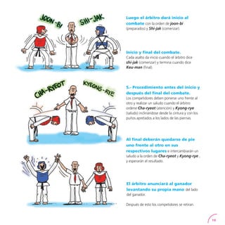 15
Luego el árbitro dará inicio al
combate con la orden de joon-bi
(preparados) y Shi-jak (comenzar).
Inicio y final del combate.
Cada asalto da inicio cuando el árbitro dice
shi-jak (comenzar) y termina cuando dice
Keu-man (final).
Al final deberán quedarse de pie
uno frente al otro en sus
respectivos lugares e intercambiarán un
saludo a la orden de Cha-ryeot y Kyong-rye ,
y esperarán el resultado.
5.- Procedimiento antes del inicio y
después del final del combate.
Los competidores deben ponerse uno frente al
otro y realizar un saludo cuando el árbitro
ordene Cha-ryeot (atención) y Kyong-rye
(saludo) inclinándose desde la cintura y con los
puños apretados a los lados de las piernas.
El árbitro anunciará al ganador
levantando su propia mano del lado
del ganador.
Después de esto los competidores se retiran.
 