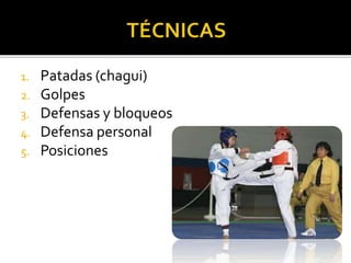 1. Patadas (chagui)
2. Golpes
3. Defensas y bloqueos
4. Defensa personal
5. Posiciones
 
