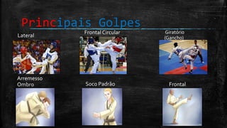 Principais Golpes
Lateral
Frontal Circular Giratório
(Gancho)
Arremesso
Ombro Soco Padrão Frontal
 
