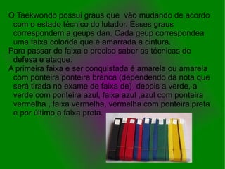 O Taekwondo possui graus que vão mudando de acordo
 com o estado técnico do lutador. Esses graus
 correspondem a geups dan. Cada geup correspondea
 uma faixa colorida que é amarrada a cintura.
Para passar de faixa e preciso saber as técnicas de
 defesa e ataque.
A primeira faixa e ser conquistada é amarela ou amarela
 com ponteira ponteira branca (dependendo da nota que
 será tirada no exame de faixa de) depois a verde, a
 verde com ponteira azul, faixa azul ,azul com ponteira
 vermelha , faixa vermelha, vermelha com ponteira preta
 e por último a faixa preta.
 
