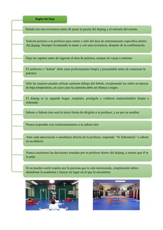 Reglas del Dojo
Saluda con una reverencia antes de pasar la puerta del dojang y al retirarte del mismo
El dojang es tu segundo hogar, respétalo, protégelo y colabora manteniéndolo limpio y
ordenado
El uniforme o “dobok” debe estar perfectamente limpio y presentable antes de comenzar la
práctica
Solicita permiso a tu profesor para entrar o salir del área de entrenamiento específica dentro
del dojang. Siempre levantando la mano y con una reverencia, después de la confirmación
Deja tus zapatos antes de ingresar al área de práctica, aunque no vayas a entrenar
Sólo las mujeres pueden utilizar camiseta debajo del dobok, exceptuando los niños en épocas
de baja temperatura, en cuyo caso la camiseta debe ser blanca o negra
Sabom o Sabom nim será la única forma de dirigirte a tu profesor, y no por su nombre
Nunca respondas con cuestionamientos a tu sabom nim
Ante cada apreciación o enseñanza directa de tu profesor, responde: “Si Sabomnim” o sabom
en su defecto
Nunca cuestiones las decisiones tomadas por tu profesor dentro del dojang, a menos que él te
lo pida
Si no puedes sentir respeto por la persona que te está instruyendo, simplemente debes
abandonar la academia y buscar un lugar en el que lo encuentres
 