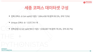 세종 코퍼스 데이터셋 구성
• 전체 코퍼스 수 (str.split() 기준): 1,664,458 개 (문어 92.5%, 구어 7.5%)
• Unique 코퍼스 수: 1,537,741 개
• 전체 문장 수 (str.split(‘n’) 기준): 1,038,087 개 (문어 79.3%, 구어 20.7%)
 