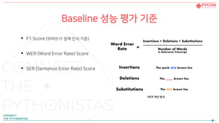 Baseline 성능 평가 기준
• F1 Score (띄어쓰기 경계 인식 기준)
• WER (Word Error Rate) Score
• SER (Sentence Error Rate) Score
WER 계산 방식
 