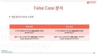 False Case 분석
• 복합 명사의 띄어쓰기 문제
예측 문장 정답 문장
초고액 상품권이 빚어낼 사회 심리적 영향을
짚어봐야 한다.
초고액 상품권이 빚어낼 사회심리적 영향을
짚어봐야 한다.
물론 이 일이 실현되려면 과학기술의 측면에서
수많은 장벽을 넘어서야 한다.
물론 이 일이 실현되려면 과학 기술의 측면에서
수많은 장벽을 넘어서야 한다.
 