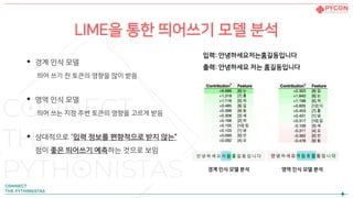 LIME을 통한 띄어쓰기 모델 분석
• 경계 인식 모델
띄어 쓰기 전 토큰의 영향을 많이 받음
• 영역 인식 모델
띄어 쓰는 지점 주변 토큰의 영향을 고르게 받음
• 상대적으로 “입력 정보를 편향적으로 받지 않는”
점이 좋은 띄어쓰기 예측하는 것으로 보임
경계 인식 모델 분석 영역 인식 모델 분석
입력: 안녕하세요저는홍길동입니다
출력: 안녕하세요 저는 홍길동입니다
 
