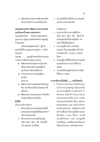 32

    2. พัฒนาศักยภาพอาสาสมัครของเครือ                    3. จำานวนทีมท่ีออกให้บริการการแพทย์
           ข่ายระบบบริการการแพทย์ฉุกเฉิ น                   ฉุกเฉิ น ครบตามเกณฑ์


แผนยุทธศาสตร์การพัฒนาระบบการแพทย์                           ดูานค่ณภาพ
ฉุกเฉิ นของโรงพยาบาลตาพระยา                             1. ระยะเวลาในการออกปฏิบัติการ
แผนย่ทธศาสตร์             จัดบริการสุขภาพแบบ                ระดับ ALS BLS FR                   ตังแต่ รับ
                                                                                                 ้
บูรณาการ ม่งสู่ความเป็ นเลิศด้านการดูแลผู้
           ุ                                                แจ้งเหตุจนถึงท่ีเกิดเหตุไม่เกิน 20
ป่ วยฉุกเฉิ น                                               นาที ในพ้ืนท่ีทุรกันดาร
           เปู าประสงค์ย่ทธศาสตร์ : ผู้ป่วย             2. จำานวนอุบัติการณ์ การเกิดข้อ
ฉุกเฉิ นได้รับการดูแลอย่างถูกต้อง รวดเร็ว                   บกพร่อง ในการดูแลผู้ป่วยเก่ียวกับ
ปลอดภัย                                                     ทางเดินหายใจ ,การดาม ,การห้าม
กลย่ทธ : -            ดูแลผู้ป่วยฉุกเฉิ นแบบบูรณา           เลือด
การและการมีส่วนร่วมทุกภาคส่วน                           3. จำานวนผู้ป่วยท่ีได้รับบริการการแพทย์
    ●      พัฒนาสมรรถนะบุคลากรทุกระดับ                      ฉุกเฉิ นประเภท ALS ได้รับการ
           เพ่ ือตอบสนองต่อการดูแลผู้ป่วย                   Admit
           ฉุกเฉิ นอย่างมีประสิทธิภาพ                   4. จำานวนครังของผู้มารับบริการ EMS
                                                                    ้
    ●      กำาหนดแนวทางการดูแลผู้ป่วย                       ได้รับการ Admit
           ฉุกเฉิ น
           แผนงาน                                   การดำาเนิ นงานในอดีต..........จนถึงปั จจุบัน
    ●      พัฒนาระบบการแพทย์ฉุกเฉิ นเชิงรุก             1. โรงพยาบาลตาพระยาจั ด ตั ง ระบบ
                                                                                   ้
           โดย ส่งเสริมการมีส่วนร่วมของภาคี                 บริ ก า รก ารแพทย์ ฉุ ก เฉิ นแล ะขึ้ น
           เครือข่าย                                        ท ะ เ บี ย น ป ฏิ บั ติ ง า น เ ม่ ือ วั น ท ่ี 27
    ●      พัฒนาสมรรถนะของบุคลากรในเครือ                    สิ ง หาคม 2548 มี ก ารประสานงาน
           ข่ายทุกระดับอย่างต่อเน่ ือง                      และมอบหมายนโยบายแก่ องค์ ก ร
ตัวชีวัด
     ้                                                      ปกครองส่วนท้องถ่ิน ได้แก่ เทศบาล
ดูานการบริหารจัดการ                                         ตำา บลตาพระยา และ องค์การบริหาร
    1. มีระบบบริการการแพทย์ฉุกเฉิ นท่ีมี                    ส่วนตำาบลทุกแห่ง แต่มีหน่ วยงานท่ี
           มาตรฐานครอบคลุมพ้ืนท่ีทุกองค์การ                 เข้ า ร่ ว มขึ้ น ทะเบี ย นปฏิ บั ติ ง านขณะ
           บริหารส่วนท้องถ่ิน                               นั ้ น เ พี ย ง 2 แ ห่ ง ไ ด้ แ ก่      ส ถ า นี
    2. มีระบบบริการการแพทย์ฉุกเฉิ น                         อนามั ย โคคลาน และ อาสามู ล นิ ธิ
           ระดับ ALS BLS FR พร้อมให้                        ร่วมกตัญญู และมีผลการดำาเนิ นงาน
           บริการตลอด 24 ชัวโมง
                           ่                                ในปี งบประมาณ 2549 ดังตารางท่ี 1
 