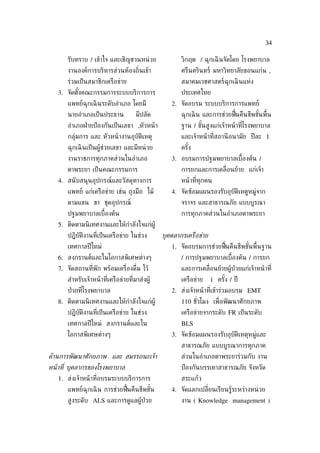 34

       รับทราบ / เข้าใจ และเชิญชวนหน่ วย                วิกฤต / ฉุกเฉิ นจัดโดย โรงพยาบาล
       งานองค์การบริหารส่วนท้องถ่ินเข้า                 ศรีนครินทร์ มหาวิทยาลัยขอนแก่น ,
       ร่วมเป็ นสมาชิกเครือข่าย                         สมาคมเวชศาสตร์ฉุกเฉิ นแห่ง
   3. จัดตังคณะกรรมการระบบบริการการ
           ้                                            ประเทศไทย
       แพทย์ฉุกเฉิ นระดับอำาเภอ โดยมี               2. จัดอบรม ระบบบริการการแพทย์
       นายอำาเภอเป็ นประธาน            มีปลัด           ฉุกเฉิ น และการช่วยฟ้ืนคืนชีพขันพ้ืน
                                                                                       ้
       อำาเภอฝ่ ายป้ องกันเป็ นเลขา ,หัวหน้ า           ฐาน / ขันสูงแก่เจ้าหน้ าท่ีโรงพยาบาล
                                                                ้
       กลุ่มการ และ หัวหน้ างานอุบัติเหตุ               และเจ้าหน้ าท่ีสถานี อนามัย ปี ละ 1
       ฉุกเฉิ นเป็ นผู้ช่วยเลขา และมีหน่ วย             ครัง
                                                           ้
       งานราชการทุกภาคส่วนในอำาเภอ                  3. อบรมการปฐมพยาบาลเบ้ืองต้น /
       ตาพระยา เป็ นคณะกรรมการ                          การยกและการเคล่ ือนย้าย แก่เจ้า
   4. สนั บสนุนอุปกรณ์และวัสดุทางการ                    หน้ าท่ีทุกคน
       แพทย์ แก่เครือข่าย เช่น ถุงมือ ไม้           4. จัดซ้อมแผนรองรับอุบัติเหตูหมู่จาก
       ดามแขน ขา ชุดอุปกรณ์                             จราจร และสาธารณภัย แบบบูรณา
       ปฐมพยาบาลเบ้ืองต้น                               การทุกภาคส่วนในอำาเภอตาพระยา
   5. ติดตามนิ เทศงานและให้กำาลังใจแก่ผู้
       ปฏิบัติงานท่ีเป็ นเครือข่าย ในช่วง        บ่คคลากรเครือข่าย
       เทศกาลปี ใหม่                                1. จัดอบรมการช่วยฟ้ืนคืนชีพขันพ้ืนฐาน
                                                                                 ้
   6. สงกรานต์และในโอกาสพิเศษต่างๆ                      / การปฐมพยาบาลเบ้ืองต้น / การยก
   7. จัดสถานท่ีพัก พร้อมเคร่ ืองด่ ืม ไว้              และการเคล่ ือนย้ายผู้ป่วยแก่เจ้าหน้ าท่ี
       สำาหรับเจ้าหน้ าท่ีเครือข่ายท่ีมาส่งผู้          เครือข่าย    1 ครัง / ปี
                                                                          ้
       ป่ วยท่ีโรงพยาบาล                            2. ส่งเจ้าหน้ าท่ีเข้าร่วมอบรม EMT
   8. ติดตามนิ เทศงานและให้กำาลังใจแก่ผู้               110 ชัวโมง เพ่ ือพัฒนาศักยภาพ
                                                              ่
       ปฏิบัติงานท่ีเป็ นเครือข่าย ในช่วง               เครือข่ายจากระดับ FR เป็ นระดับ
       เทศกาลปี ใหม่ สงกรานต์และใน                      BLS
       โอกาสพิเศษต่างๆ                              3. จัดซ้อมแผนรองรับอุบัติเหตุหมู่และ
                                                        สาธารณภัย แบบบูรณาการทุกภาค
ดูานการพัฒนาศักยภาพ และ สมรรถนะเจูา                     ส่วนในอำาเภอตาพระยาร่วมกับ งาน
หนู าท่ี บ่คลากรของโรงพยาบาล                            ป้ องกันบรรเทาสาธารณภัย จังหวัด
   1. ส่งเจ้าหน้ าท่ีอบรมระบบบริการการ                  สระแก้ว
       แพทย์ฉุกเฉิ น การช่วยฟ้ืนคืนชีพขัน
                                        ้           4. จัดแลกเปล่ียนเรียนรู้ระหว่างหน่ วย
       สูงระดับ ALS และการดูแลผู้ป่วย                   งาน ( Knowledge management )
 