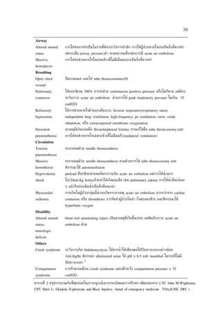 50

Airway
Altered mental     การใส่ท่ออาจจำาเป็ นในรายท่ีต้องระวังการสำาลัก การให้ผู้ป่วยหายใจเองเป็ นส่ิงท่ีควรทำา
status             เพราะเม่ ือ airway pressure ตำา จะลดความเส่ียงต่อการมี acute air embolism
                                                 ่
Massive            การใส่ท่อช่วยหายใจในปอดข้างท่ีไม่มีเลือดออกเป็ นส่ิงท่ีควรทำา
hemoptysis
Breathing
Open chest         ปิ ดบาดแผล และใส่ tube thoracostomies50
wound
Pulmonary          ให้ออกซิเจน 100% อาจจะด้วย continueous positive pressure หรือไม่ก็ตาม แต่ต้อง
contusion          ระวังภาวะ acute air embolism ด้วยการให้ peak inspiratory pressure ไม่เกิน 35
                   cmH2O
Refractory         ให้การช่วยหายใจด้วยแรงดันบวก, Inverse inspiratory/expiratory ratios,
hypoxemia          independent lung ventilation, high-frequency jet ventilation, nitric oxide
                   inhalation, หรือ extracorporeal membrane oxygenation
Persistent         สาเหตุท่ีเกิดบ่อยคือ Bronchopleural fistulas การแก้ไขคือ tube thoracostomy และ
pneumothorax       อาจใส่ท่อช่วยหายใจเฉพาะข้างท่ีไม่มีลมรัว(unilateral ventilation)
                                                          ่
Circulation
Tension            ระบายลมด้วย needle thoracenthesis
pneumothorax
Massive            ระบายลมด้วย needle thoracenthesis ตามด้วยการใส่ tube thoracostomy และ
hemothorax         พิจารณาใช้ autotransfusion
Hypovolemic        preload ท่ีปกติจะช่วยลดอัตราการเกิด acute air embolism แต่การให้นำ้ามาก
shock              ไป(20mL/kg bolus)ก็จะทำาให้เกิดผลเสีย เช่น pulmonary edema การให้นำ้าทีละน้ อย
                   ๆ แล้วจึงประเมินซำาเป็ นส่ิงท่ีแนะนำ า
                                     ้
Myocardial         การเกิดในผู้ป่วยกลุ่มนี้ น่าจะเกิดจากสาเหตุ acute air embolism มากกว่าจาก cardiac
ischemia           contusion หรือ thrombosis การจัดท่าผู้ป่วยในท่า ก่ ึงตะแคงซ้าย และพิจารณาใช้
                   hyperbaric oxygen
Disability
Altered mental     blunt และ penetrating injury เป็ นสาเหตุท่ีเกิดขึ้นบ่อย แต่คดถึงภาวะ acute air
                                                                               ิ
status,            embolism ด้วย
neurologic
deficits
Others
Crush syndrome     ระวังการเกิด rhabdomyolysis ให้สารนำ ้ าให้เพียงพอให้ปัสสาวะออกอย่างน้ อย
                   1mL/kg/hr พิจารณา alkalinized urine ให้ pH > 6.5 และ manithol ในรายท่ีไม่มี
                   ปั สสาวะออก
                                 21


Compartment        การรักษาเหมือน crush syndrome และเฝ้ าระวัง compartment pressure < 35
syndrome           cmH2O

ตารางท่ี 2 สรุปการบาดเจ็บท่พบบ่อยในภาวะฉุกเฉิ นจากระเบิดและการรักษา (ดัดแปลงจาก LTC John M.Wightman,
                           ี
CPT Sheri L. Gladish. Explosions and Blast Injuries. Annal of emergency medicine 37(6),JUNE 2001 )
 