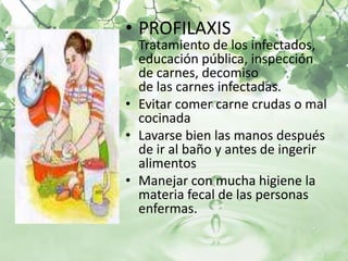 • PROFILAXIS
  Tratamiento de los infectados,
  educación pública, inspección
  de carnes, decomiso
  de las carnes infectadas.
• Evitar comer carne crudas o mal
  cocinada
• Lavarse bien las manos después
  de ir al baño y antes de ingerir
  alimentos
• Manejar con mucha higiene la
  materia fecal de las personas
  enfermas.
 