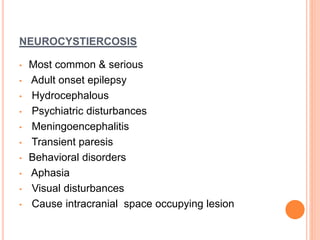 NEUROCYSTIERCOSIS
• Most common & serious
• Adult onset epilepsy
• Hydrocephalous
• Psychiatric disturbances
• Meningoencephalitis
• Transient paresis
• Behavioral disorders
• Aphasia
• Visual disturbances
• Cause intracranial space occupying lesion
 