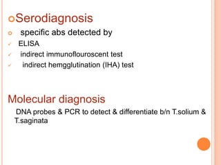 Serodiagnosis
 specific abs detected by
 ELISA
 indirect immunoflouroscent test
 indirect hemgglutination (IHA) test
Molecular diagnosis
DNA probes & PCR to detect & differentiate b/n T.solium &
T.saginata
 