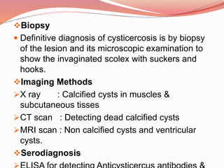 Biopsy
 Definitive diagnosis of cysticercosis is by biopsy
of the lesion and its microscopic examination to
show the invaginated scolex with suckers and
hooks.
Imaging Methods
X ray : Calcified cysts in muscles &
subcutaneous tisses
CT scan : Detecting dead calcified cysts
MRI scan : Non calcified cysts and ventricular
cysts.
Serodiagnosis
 