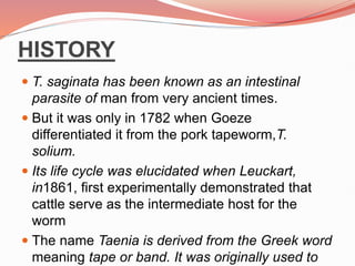 HISTORY
 T. saginata has been known as an intestinal
parasite of man from very ancient times.
 But it was only in 1782 when Goeze
differentiated it from the pork tapeworm,T.
solium.
 Its life cycle was elucidated when Leuckart,
in1861, first experimentally demonstrated that
cattle serve as the intermediate host for the
worm
 The name Taenia is derived from the Greek word
meaning tape or band. It was originally used to
 